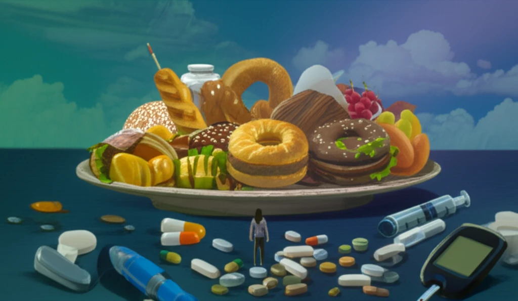 Surreal illustration symbolizing the struggle with BED/NES and diabetes.
