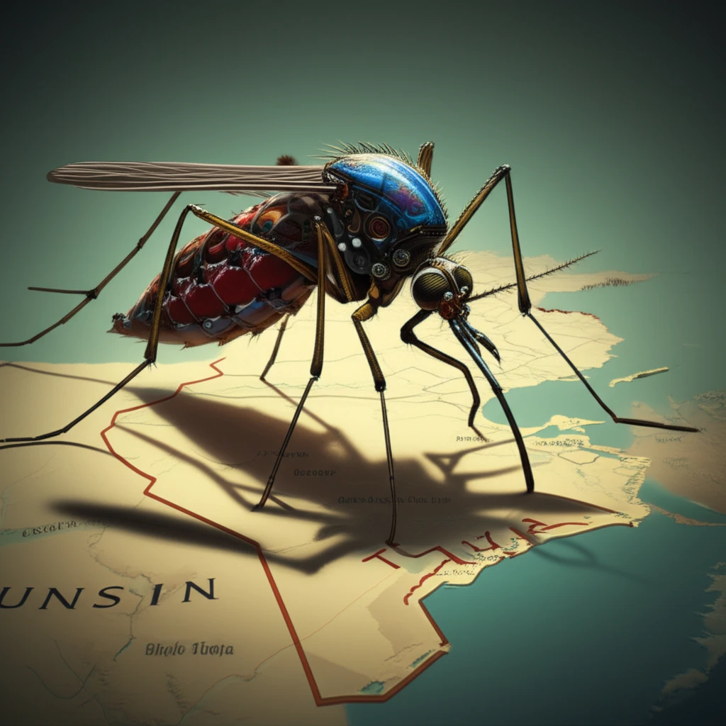 Giant robotic mosquito symbolizing insecticide resistance looming over a map.