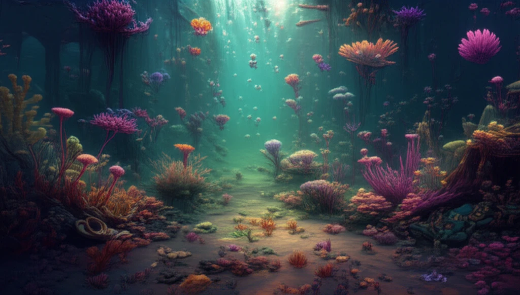 Surreal image of a toxic riverbed, contrasting beauty with hidden danger.