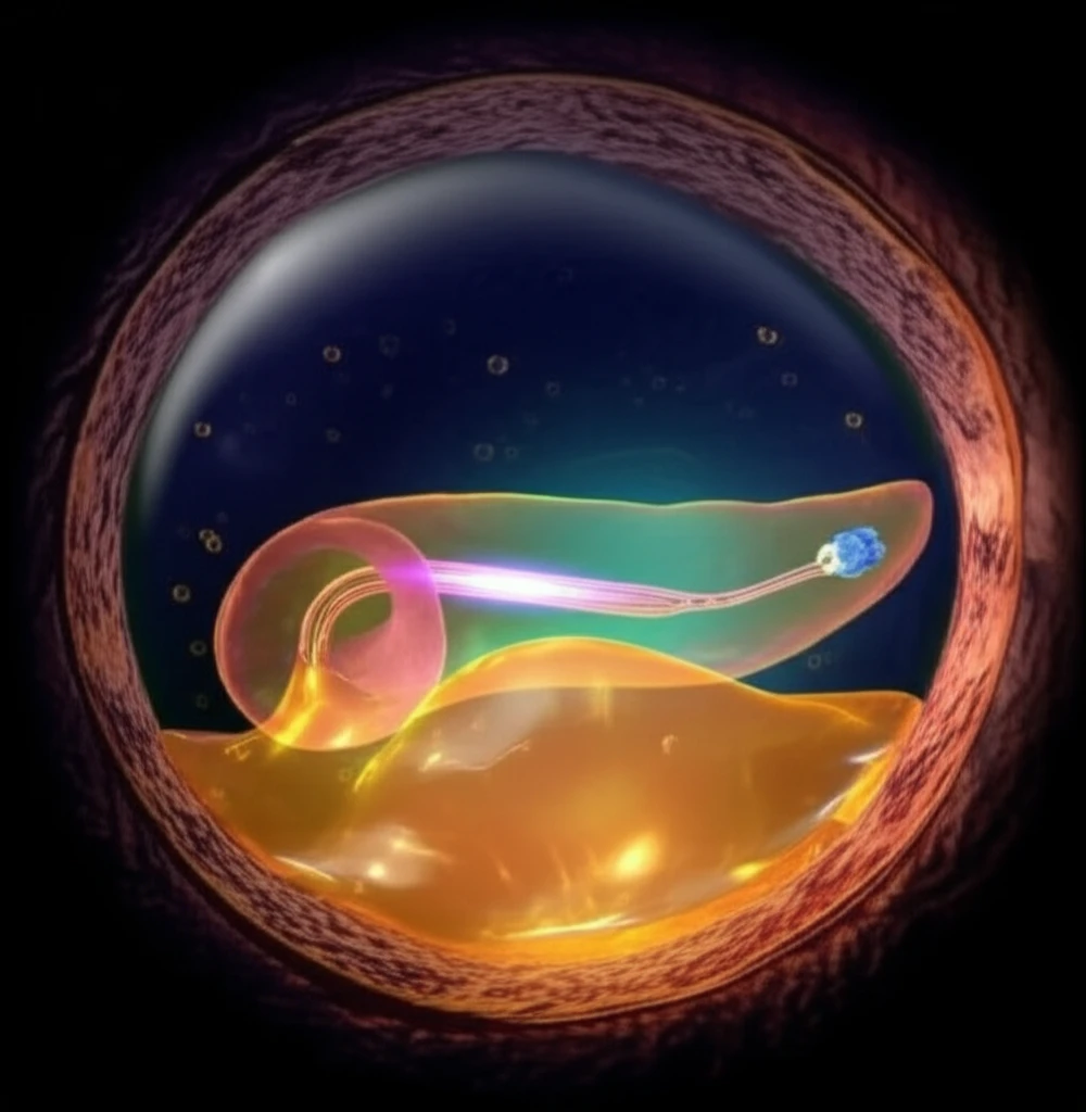 Illustration of a pancreaticopleural fistula with a stent resolving the connection.
