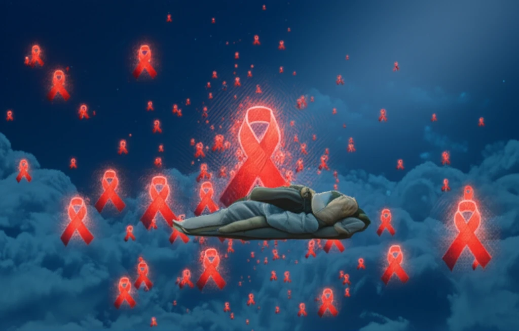 Person sleeping peacefully under HIV awareness ribbons.