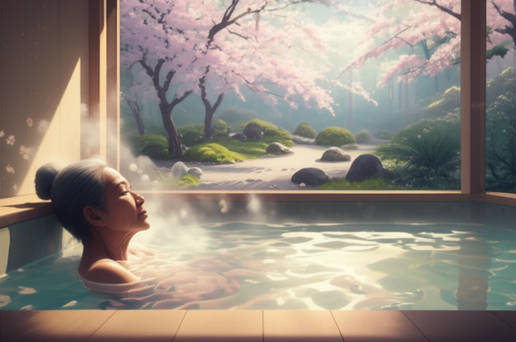 Elderly person enjoying a hot spring bath at home.