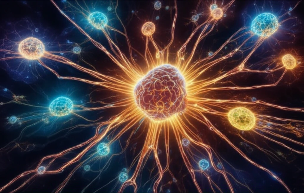 Glowing proteins communicate within a cell.