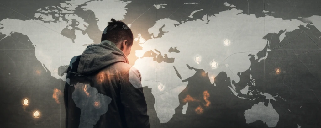 Illustration of a traveler with fever symptoms and map outlines.