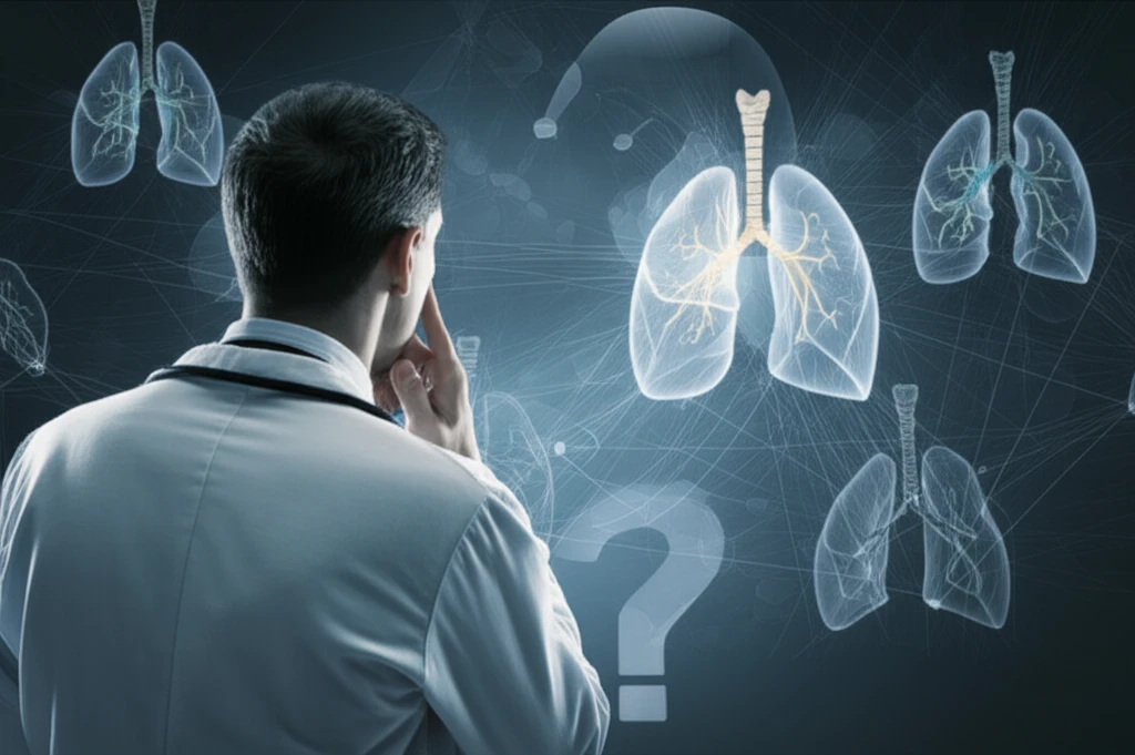A doctor analyzing a network of lungs, representing the complexities of pneumonia diagnosis and risk assessment.