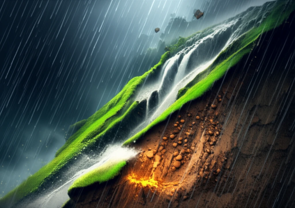 Illustration of a mountain slope cross-section showing water infiltration and microscopic particle breakdown leading to a landslide.