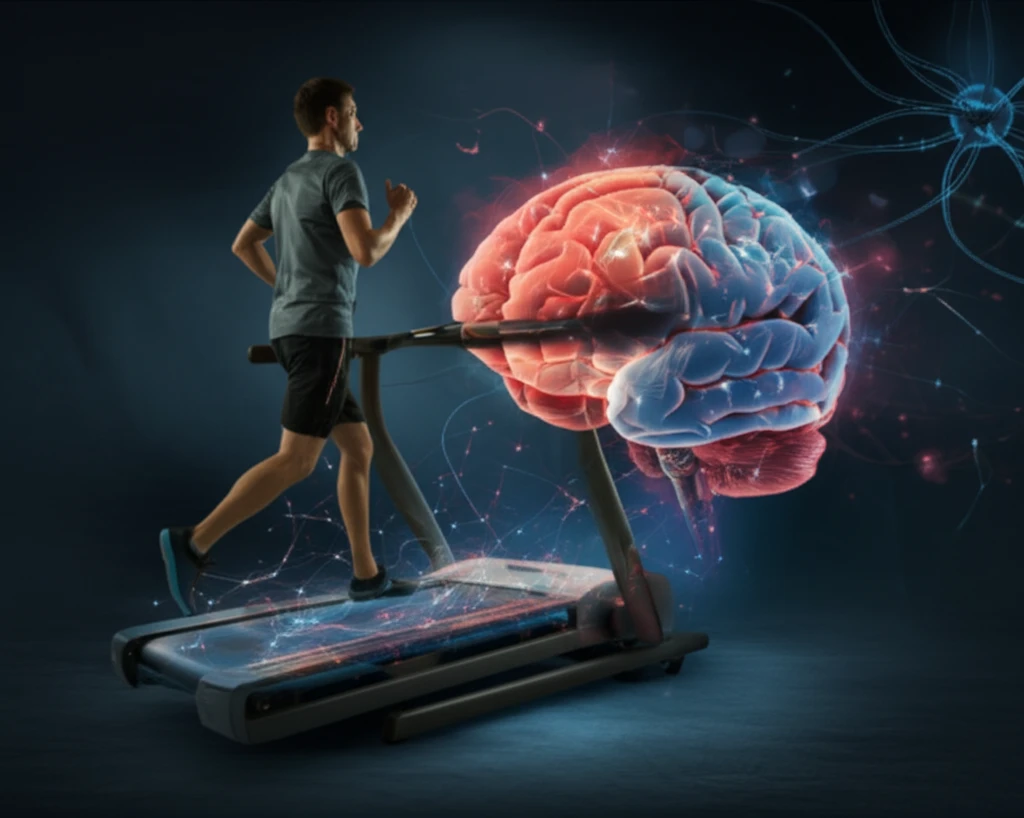 Illustration of a person jogging on a treadmill with the treadmill belt transforming into a brain.