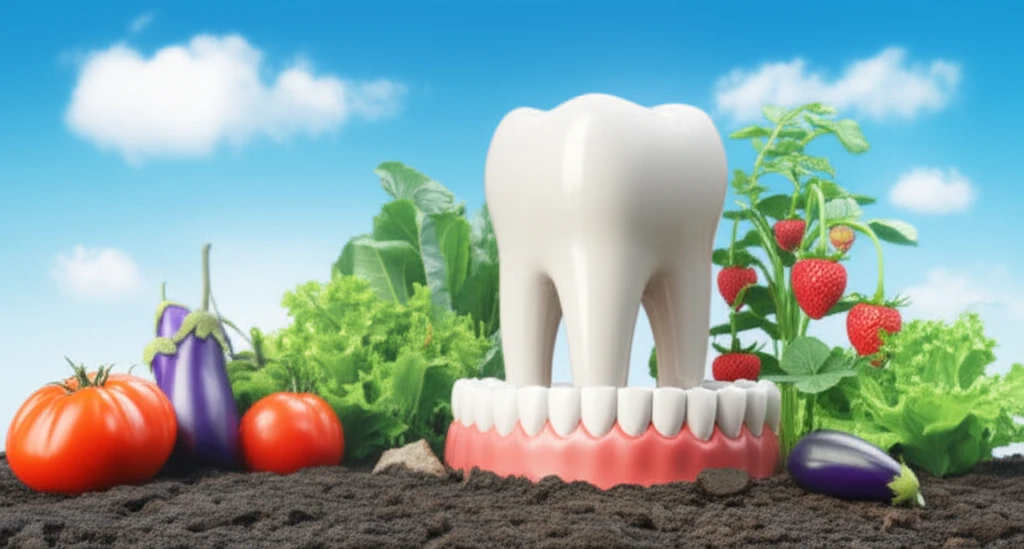 Surreal illustration of teeth growing in a garden of fruits and vegetables, symbolizing the connection between diet and dental health.
