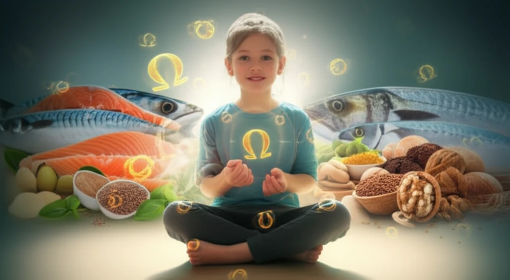 Child surrounded by glowing omega-3 symbols.