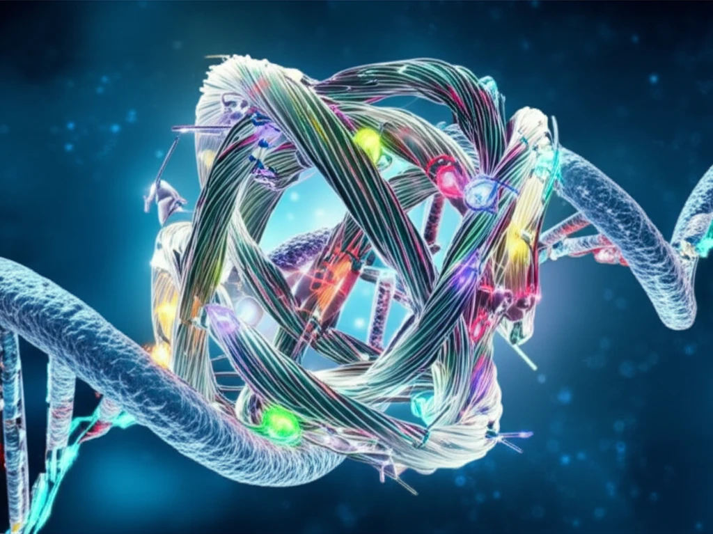 Complex siRNA molecules assembling within cells, illuminated by fluorescent tags.