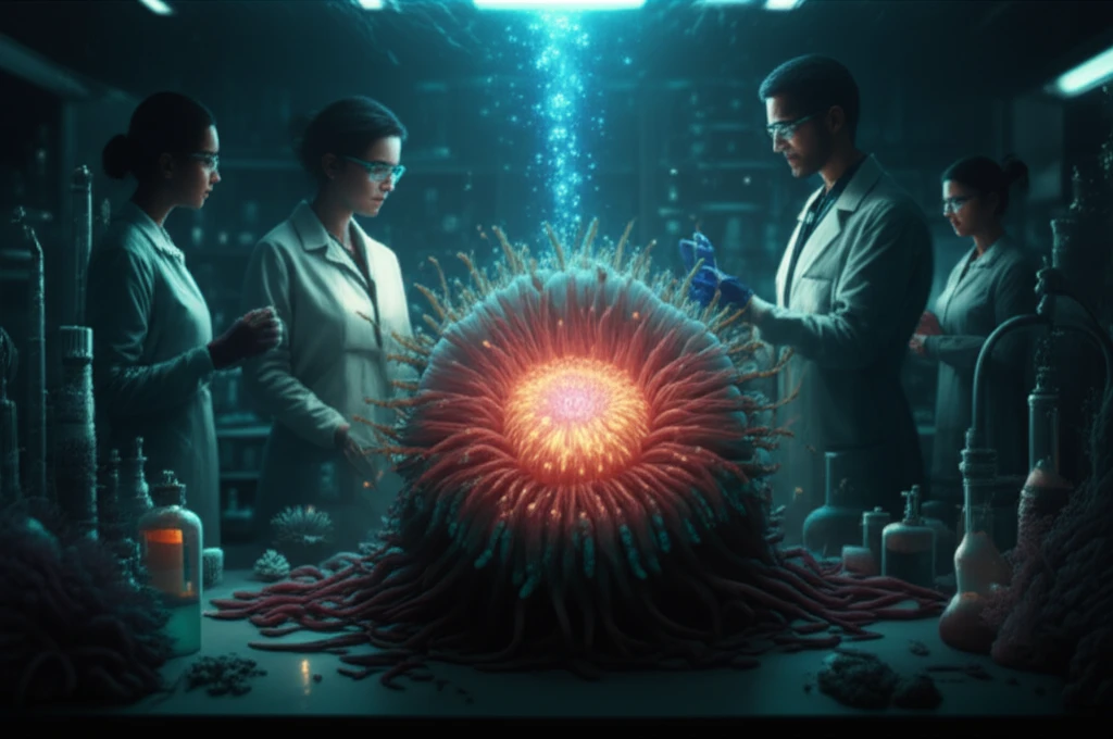 Surreal image of a glowing sea anemone in a lab, representing the medical potential of its venom.