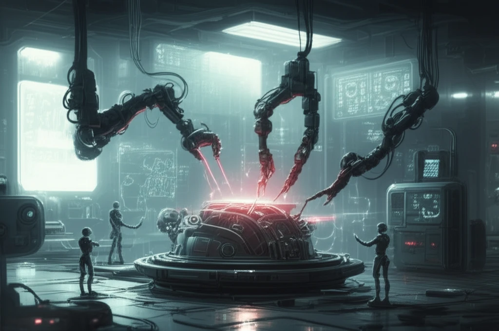 Futuristic medical device assembly with robots and lasers