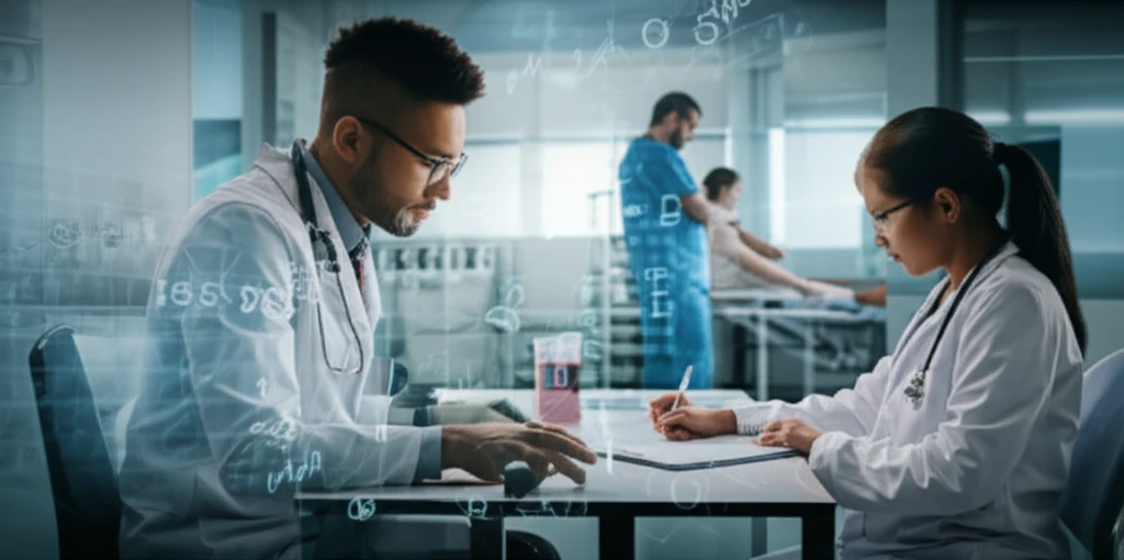 Medical scribe assisting a doctor in a busy emergency department, improving efficiency and patient care.