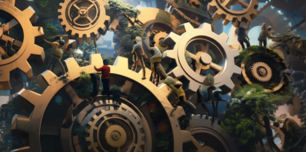 Collaborative group builds a vibrant, self-managed structure with gears and plants.