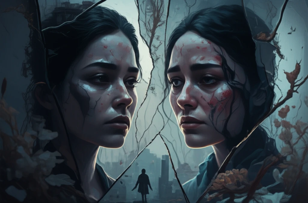 Shattered mirror reflecting a woman's face filled with sadness and a shadowy figure representing violence.