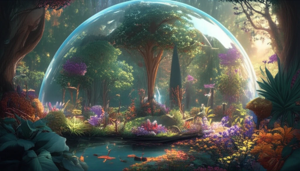 Thriving ecosystem under a protective dome, symbolizing conservation.
