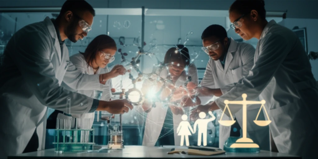 Diverse chemists collaborating with symbols of justice and equality.