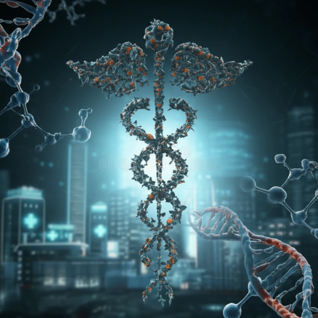 Futuristic representation of medicinal chemistry combining molecules, DNA, and a cityscape.