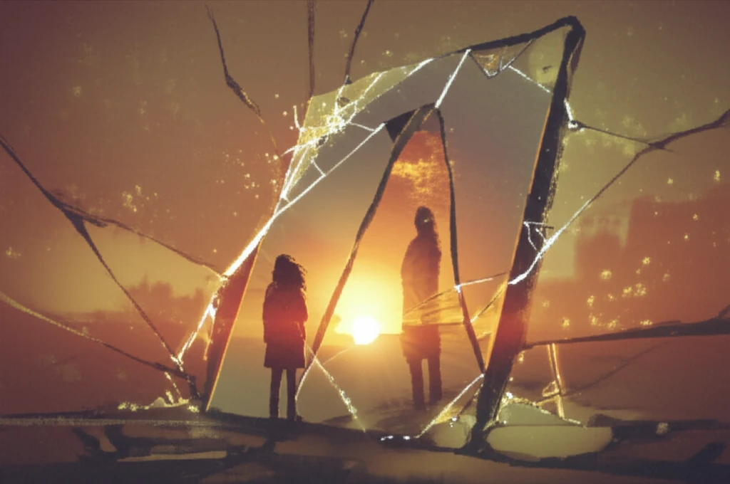 Woman rebuilding her life after domestic violence, reflection healing with golden light.