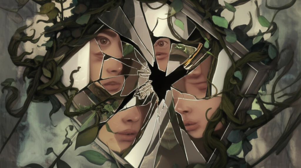 Shattered mirror reflecting fractured identities, surrounded by untamed vines.