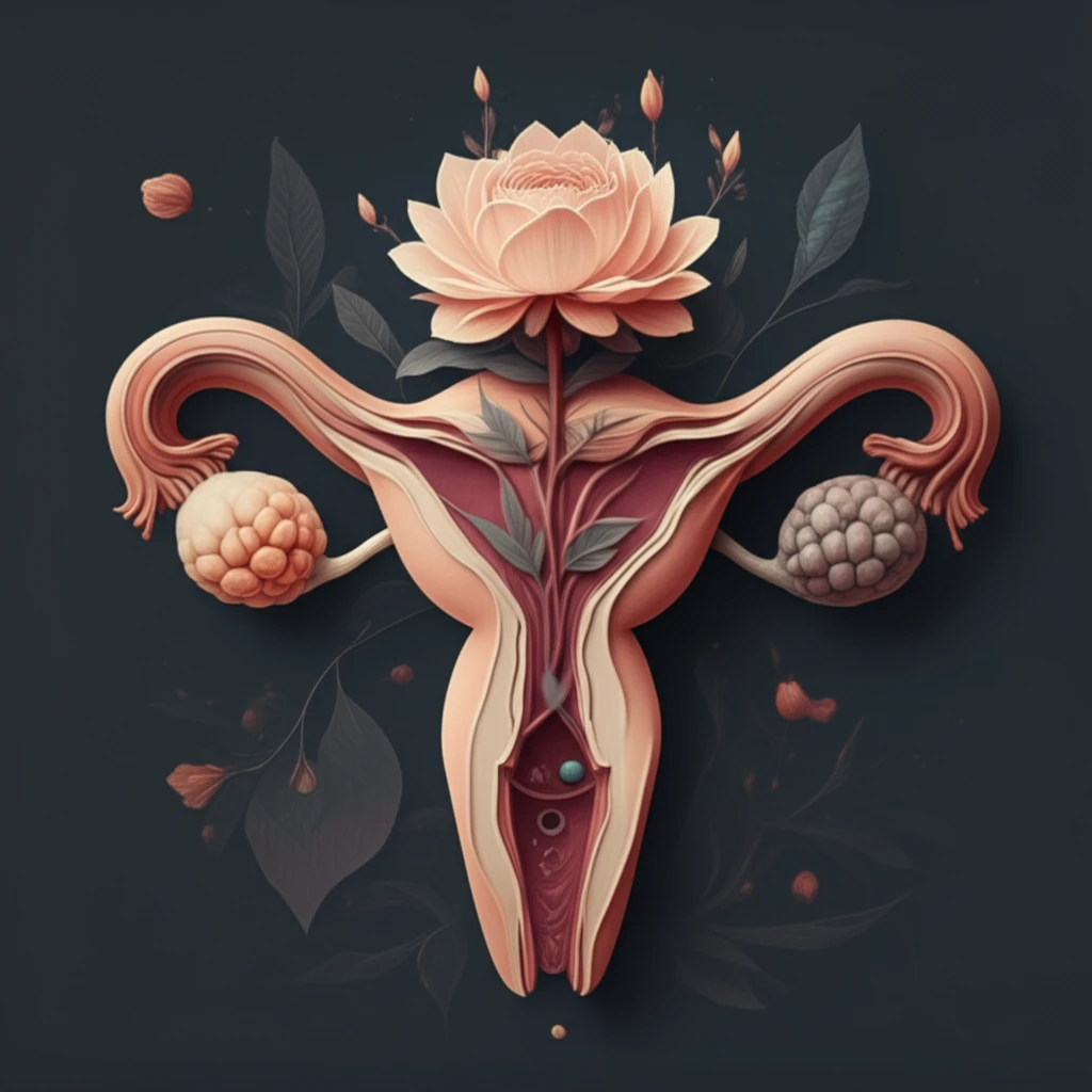 Surreal illustration of a flower in a uterus, symbolizing rare tumors.