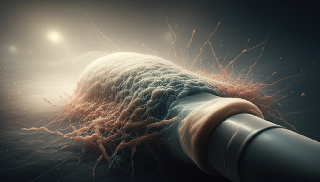 Illustration of Staphylococcus epidermidis biofilm on a medical device.