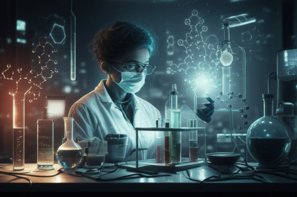 Futuristic lab setting with scientist synthesizing molecules.
