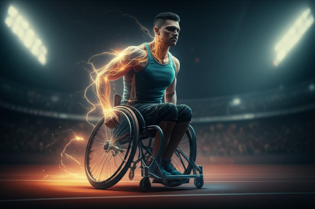 Wheelchair athlete surrounded by electric energy