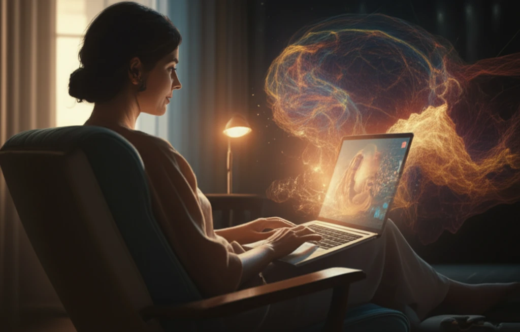 Person engaging in an online therapy session with symbols of healing and introspection in the background.