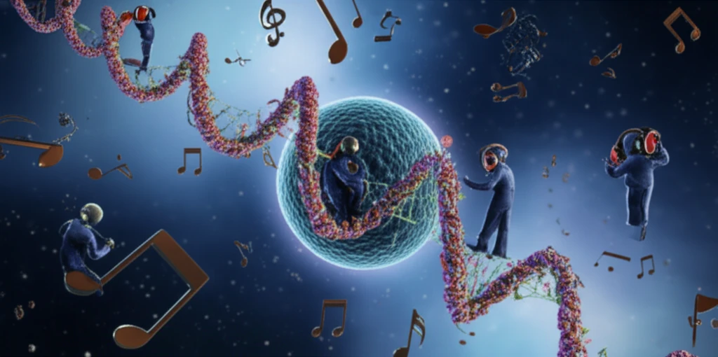 A surreal illustration of PRC1 complexes conducting gene expression within a cell nucleus.