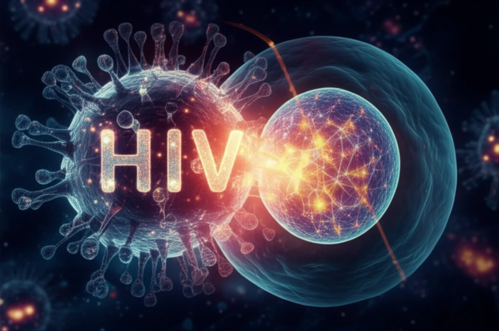 Digital illustration depicting HIV virus interacting with a cell nucleus.
