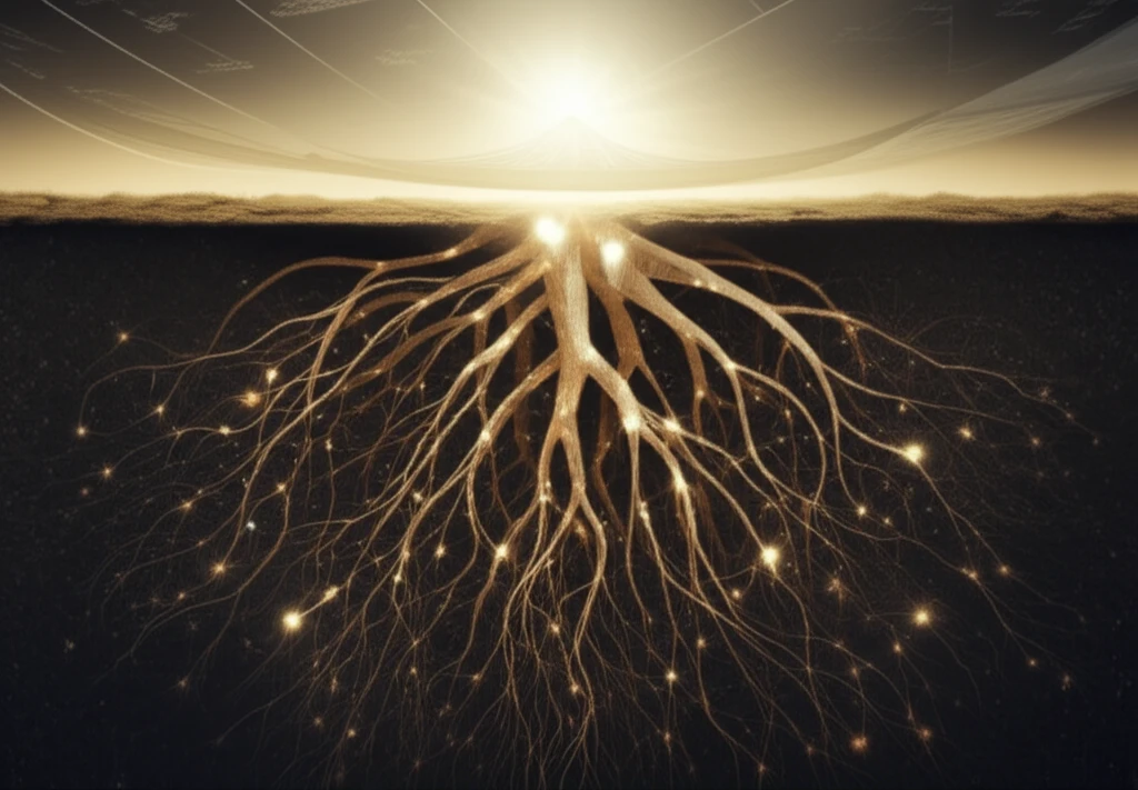 Interconnected plant roots and climate data.
