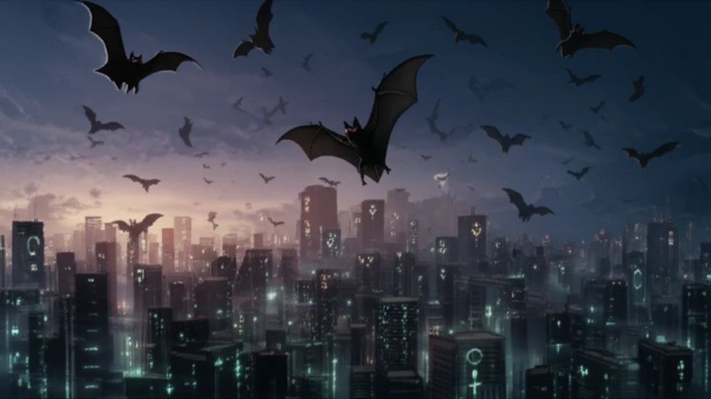 Bats flying over a cityscape with subtle reproductive symbols.