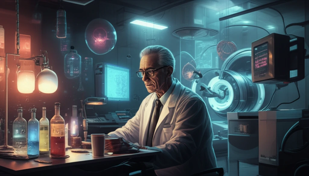 Dr. William C. Eckelman in a lab with glowing vials.