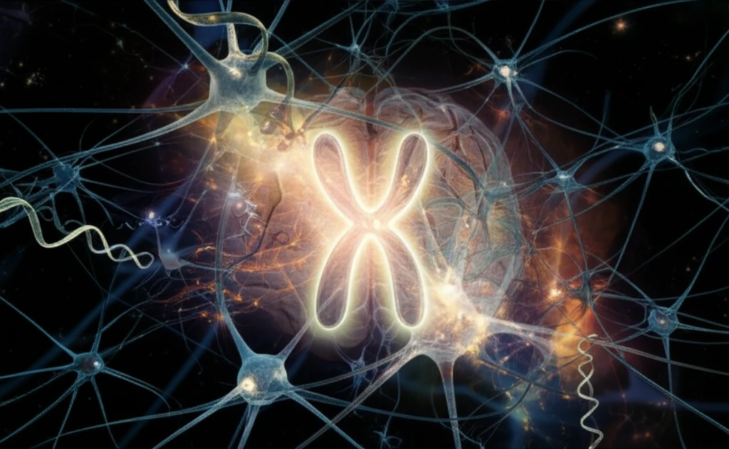 Interconnected neurons and DNA strands representing Fragile X Syndrome research.