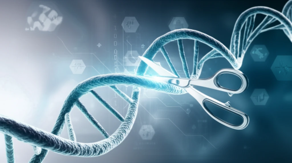 DNA strands being edited with glowing scissors, CRISPR concept.