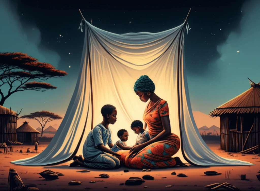 A family shielded from malaria by a protective mosquito net.