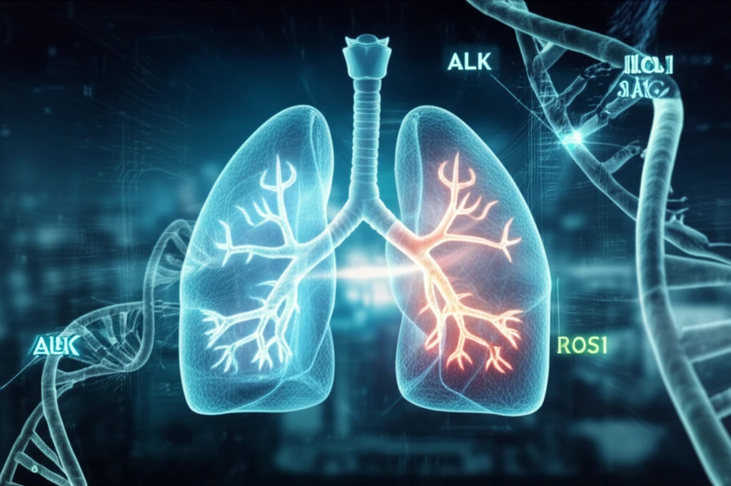Stylized lung with DNA strands and futuristic cityscape representing advancements in lung cancer treatment.