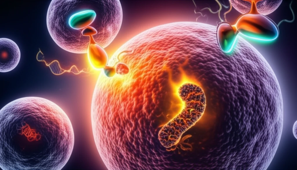 Illustration of TCCP molecules inducing apoptosis in a cancer cell.