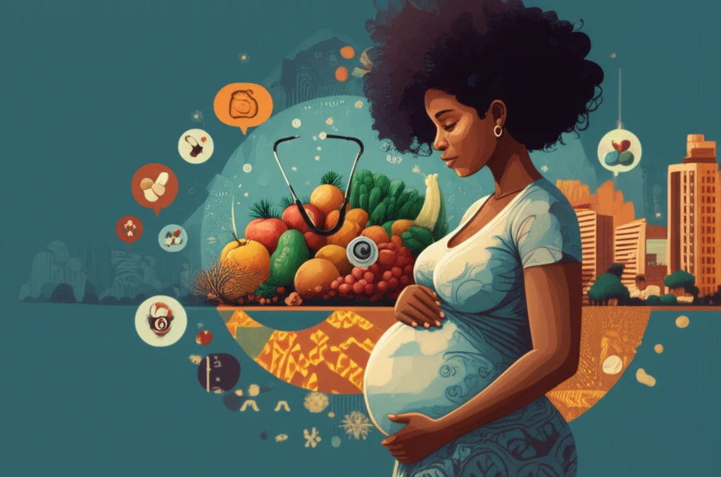 Pregnant woman in Accra surrounded by prenatal care symbols