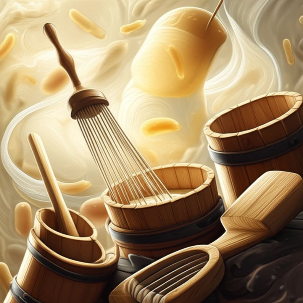 Wooden cheesemaking tools with swirling bacteria representing flavor.