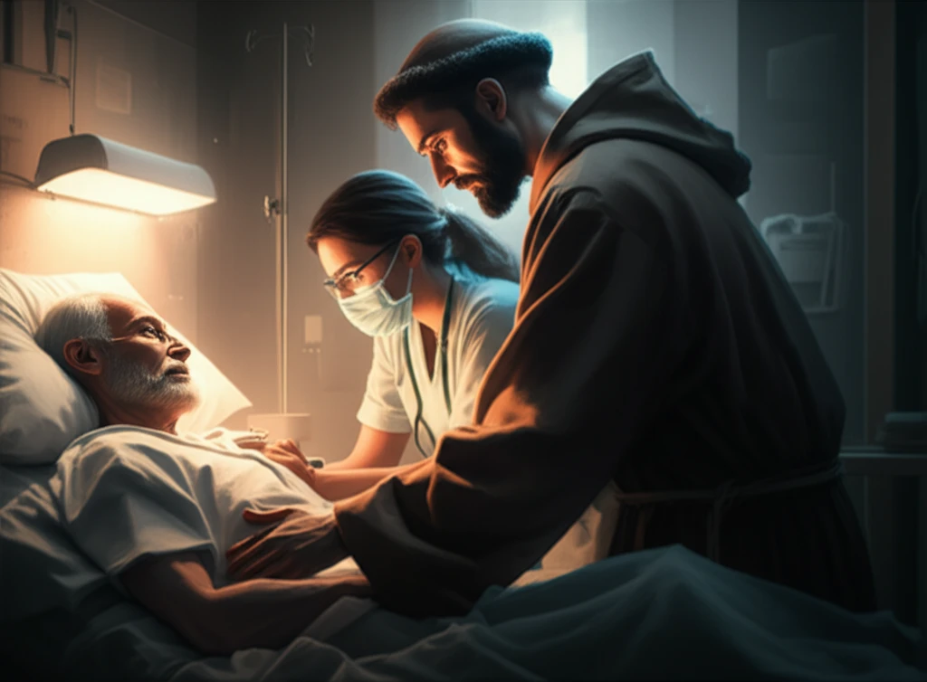St. Francis embracing modern-day healthcare worker, symbolizing empathy and love in healthcare.