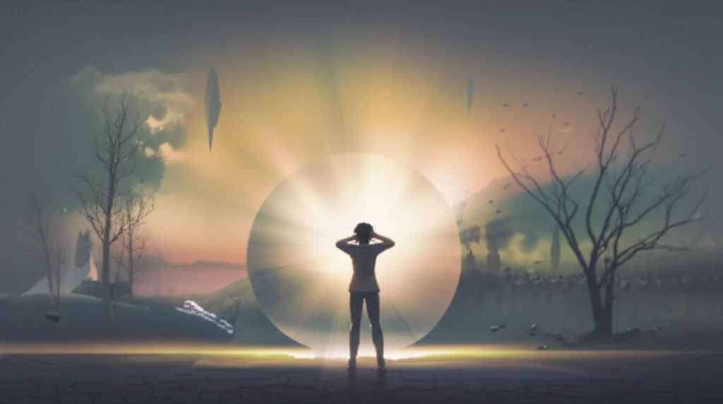 Person shielding from sun rays with environmental concerns background.
