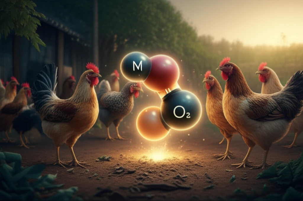 Chickens gathering around a glowing amino acid molecule, symbolizing enhanced health and immunity through targeted nutrition.