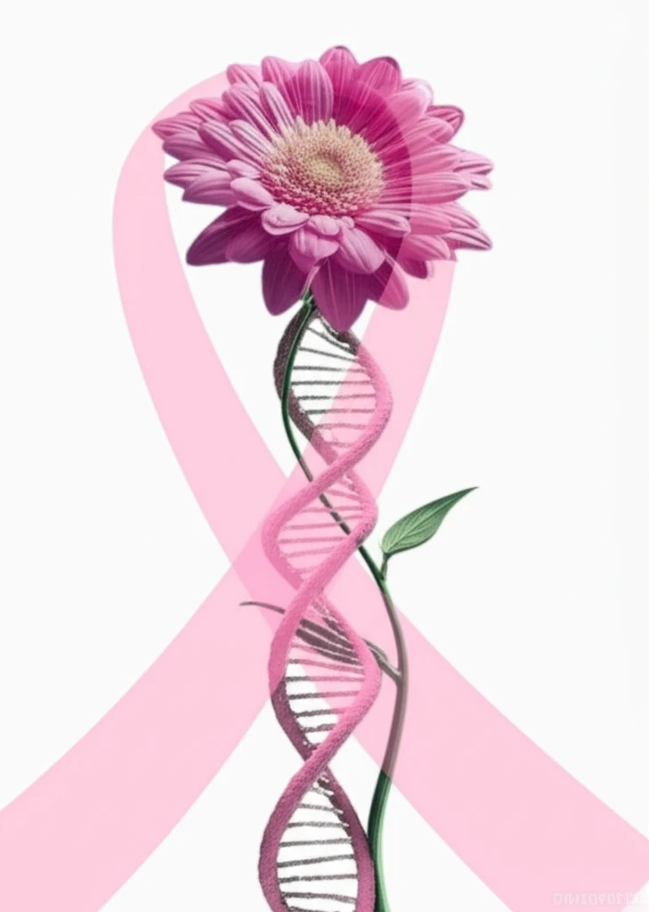 BRCA gene intertwined with a blooming flower, overshadowed by a faint silhouette of a breast cancer ribbon.