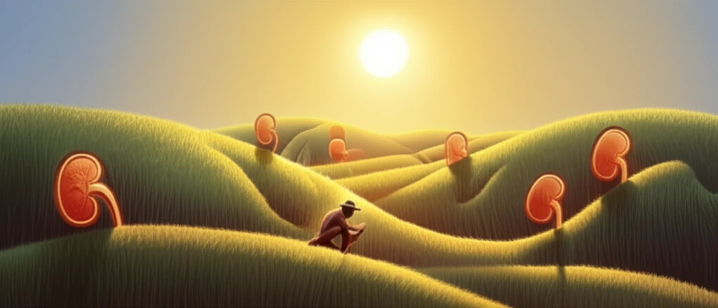 Surreal illustration symbolizing the connection between heat stress and kidney health in agricultural workers.
