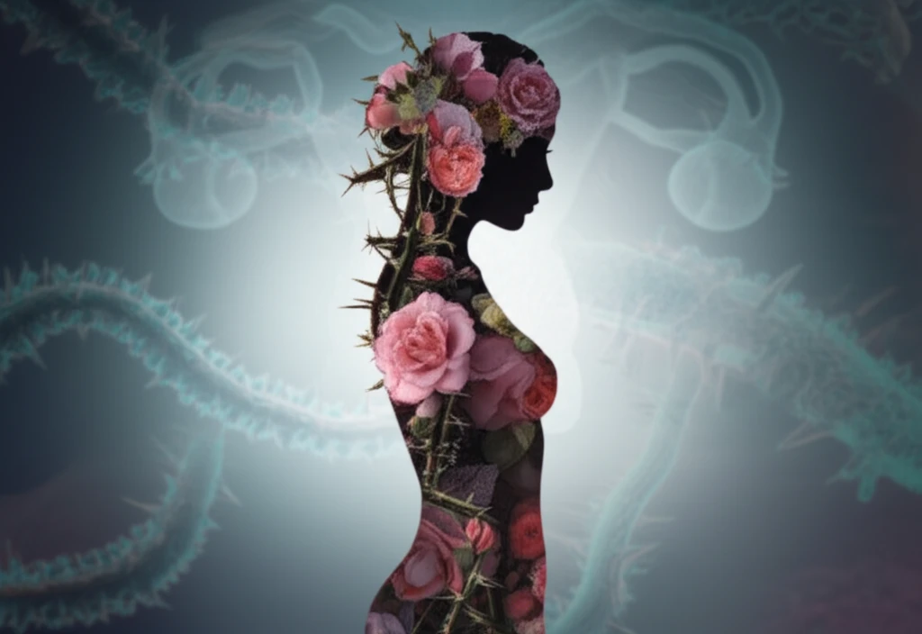 Surreal illustration of female reproductive health and the challenges of genital tuberculosis.