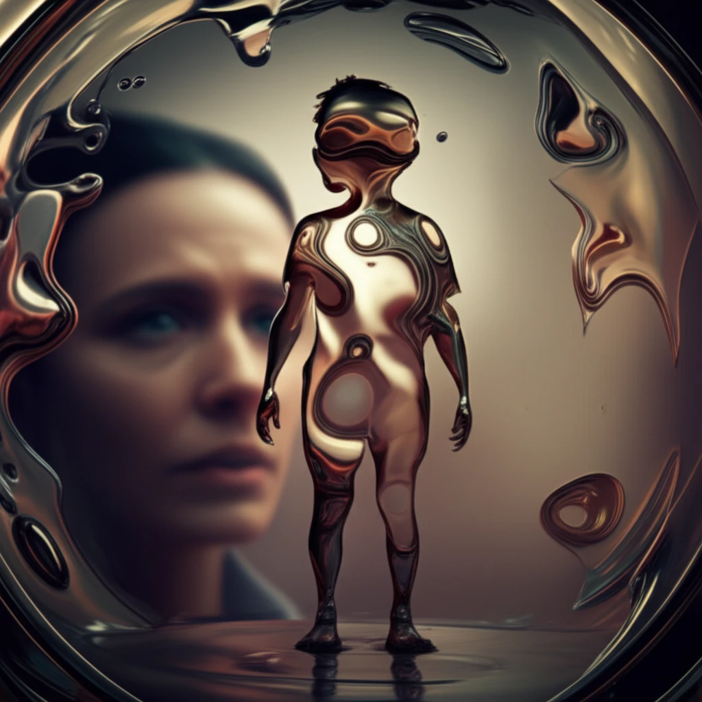 Child silhouette filled with mercury, parental reflection.