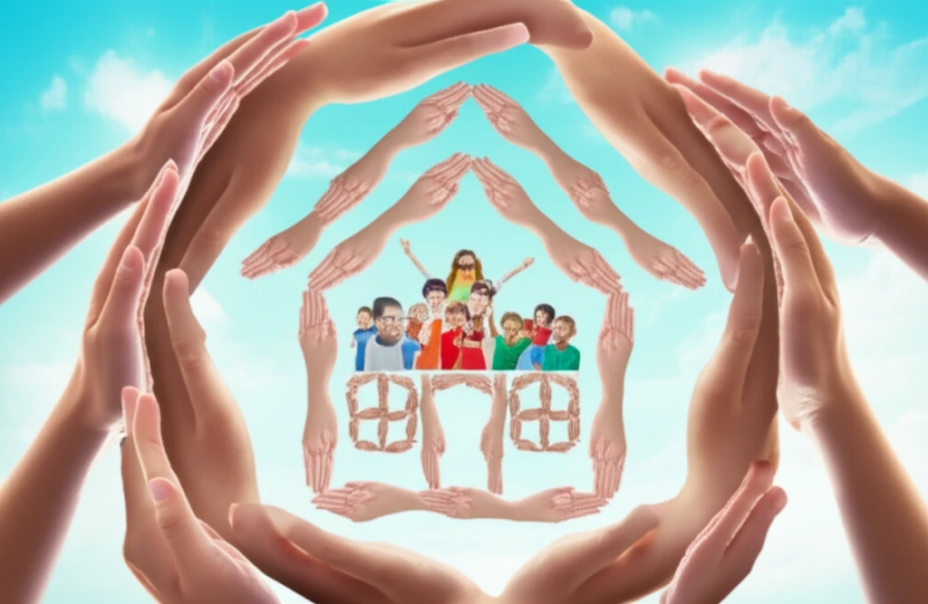 Diverse children supported by hands forming a school building.