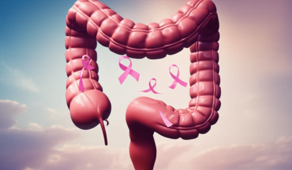 Surreal image of intestinal tract intertwined with breast cancer awareness ribbons.